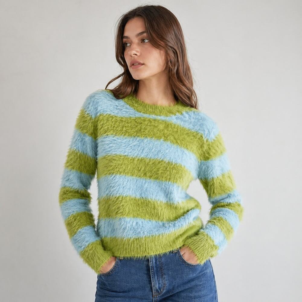 Compania Fantastica Fluffy Textured Knit Sweater in Green Striped Print, size S
